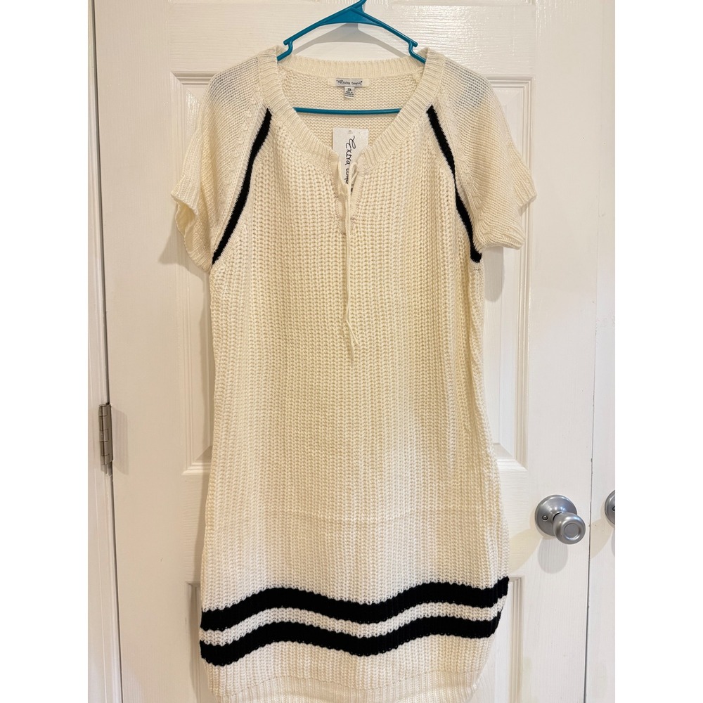 Extra Touch Sweater Dress Knit Short Sleeve Lace Up Casual Cream Black 2X